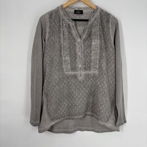 Gina Benotti Grey Swiss Dot Pintuck Henley Top Size M Long Sleeve‎ Cotton Boho